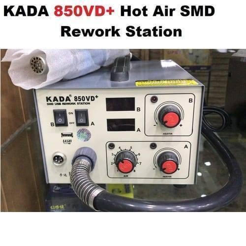 Kada 850VD+ Hot Air SMD Rework Station - a grey metal housing with two digital displays, four control knobs, two power switches, and a USB port.