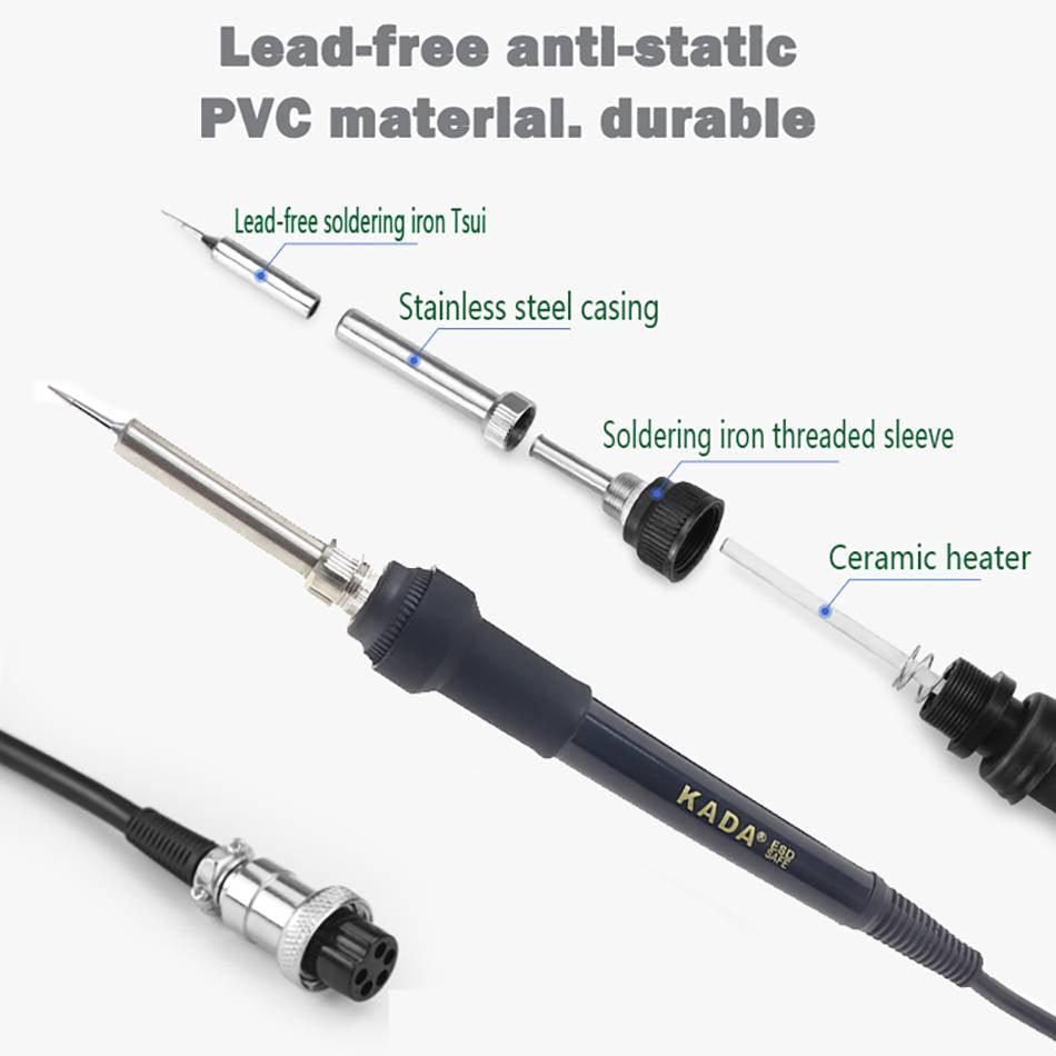 Kada 850VD+ Hot Air SMD Rework Station - soldering iron handle disassembled to show the tip, stainless steel casing, threaded sleeve, and ceramic heater.