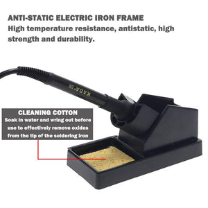 Kada 850VD+ Hot Air SMD Rework Station - soldering iron resting in a black anti-static stand with a cleaning sponge, labeled with instructions for use.
