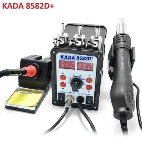 Kada 8582D+ Digital SMD Rework Station Heat Gun Hot Air Gun Welding Machine - a black central unit with two red digital displays, a central knob, buttons, switches, a soldering iron, and heat gun.
