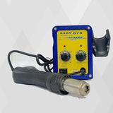 Kada 878 SMD Heat Gun Soldering Iron Rework Station - a yellow and blue console with two control knobs, a power switch, and an attached black heat gun handle.