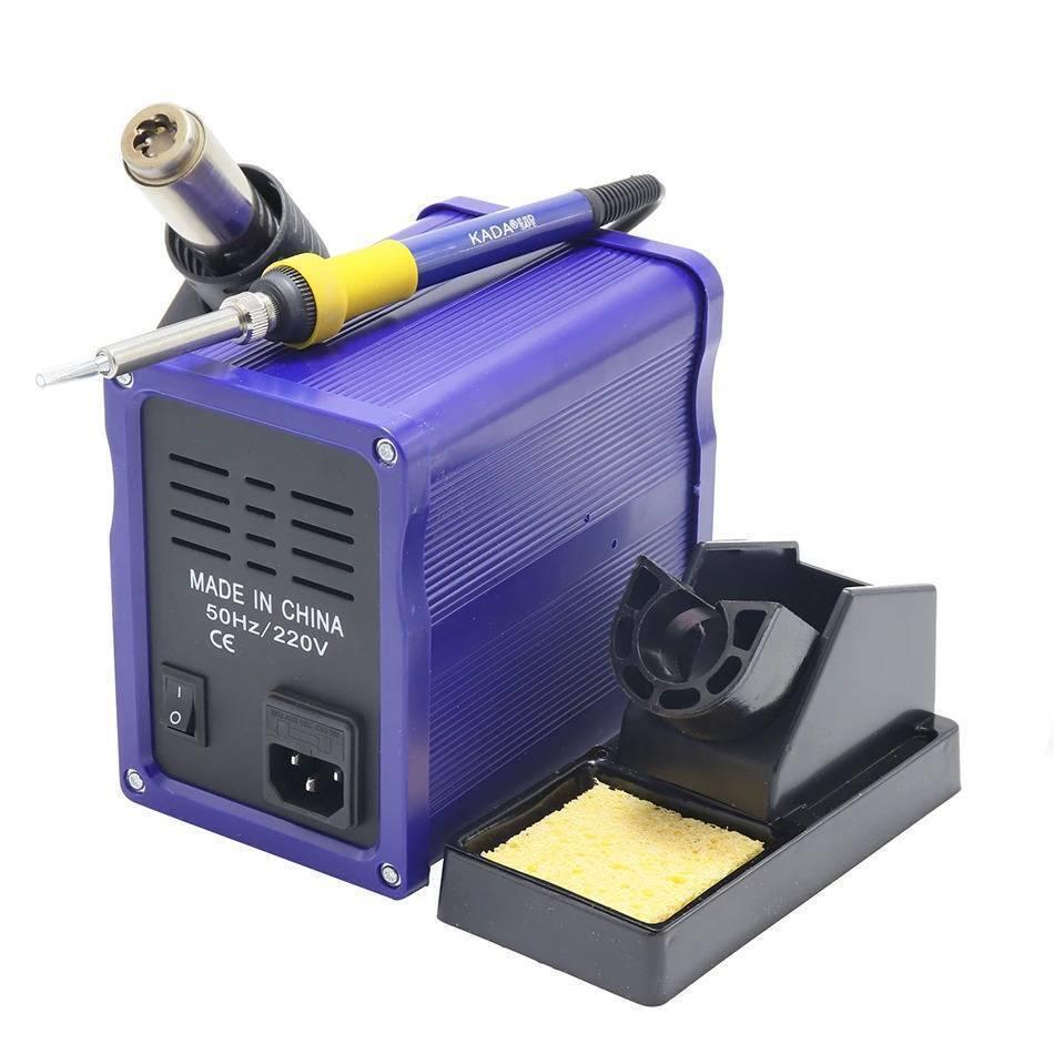 Kada 878D+ Hot Air Gun And Soldering Station - with a blue main unit, a yellow-handled soldering iron, a hot air nozzle, and a black stand with a sponge.