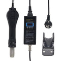 Kada 887 Digital Hot Air Gun SMD Rework Station - the black handheld gun, the control unit with a digital display, power plug, and a plastic stand.