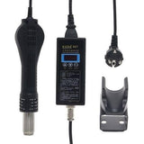 Kada 887 Digital Hot Air Gun SMD Rework Station - the black handheld gun, the control unit with a digital display, power plug, and a plastic stand.