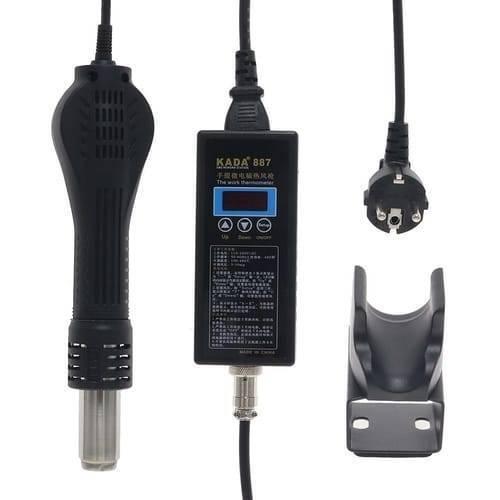 Kada 887 Digital Hot Air Gun SMD Rework Station - the black handheld gun, the control unit with a digital display, power plug, and a plastic stand.