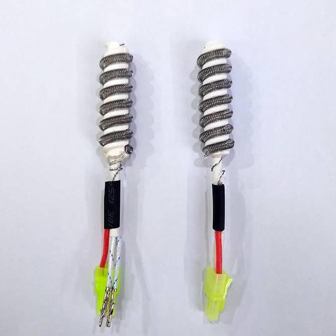 Kada B1146-4W Hot Air Heating Element Replacement - two white ceramic heating coils with metal wire spirals, red wiring, and yellow connectors.