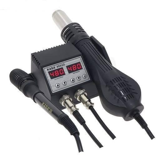 Kada Digital SMD Rework Station 8892D 2 In 1 Hot Air Gun And Soldering Iron Welding Station With Nozzle - a black base with a digital display showing 480, a soldering iron, and a hot air gun with two connected cables.