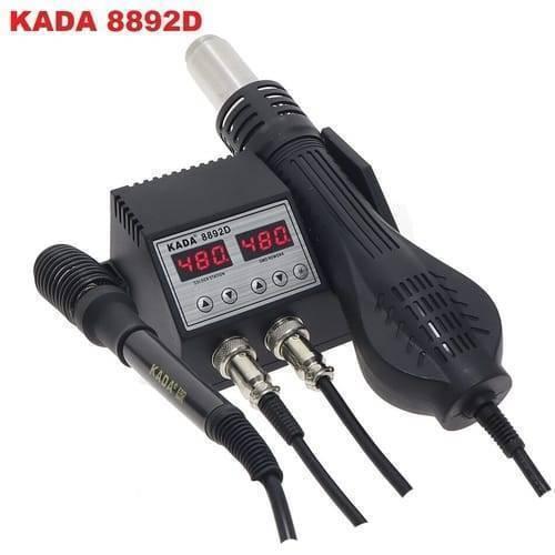 Kada Digital SMD Rework Station 8892D 2 In 1 Hot Air Gun And Soldering Iron Welding Station With Nozzle - a black control unit with a digital display showing 480, a soldering iron, and a hot air gun with two connectors.