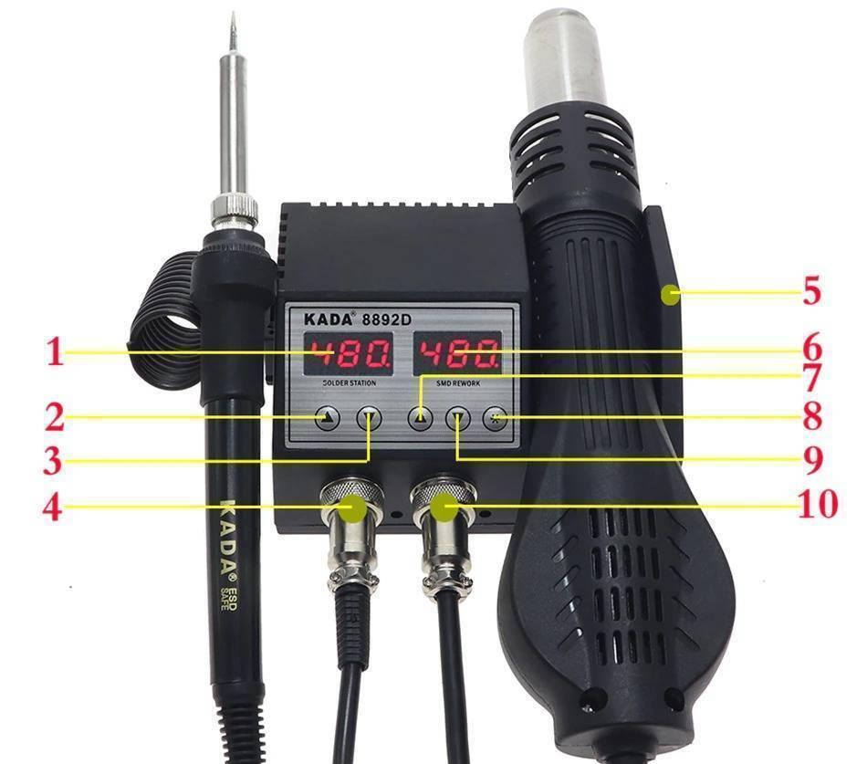 Kada Digital SMD Rework Station 8892D 2 In 1 Hot Air Gun And Soldering Iron Welding Station With Nozzle - a black soldering iron and hot air gun, a central control unit with two digital displays reading 480, and ten labels.