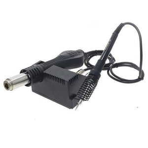 Kada Digital SMD Rework Station 8892D 2 In 1 Hot Air Gun And Soldering Iron Welding Station With Nozzle - a black hot air gun and soldering iron with a stand and cables on a white background.