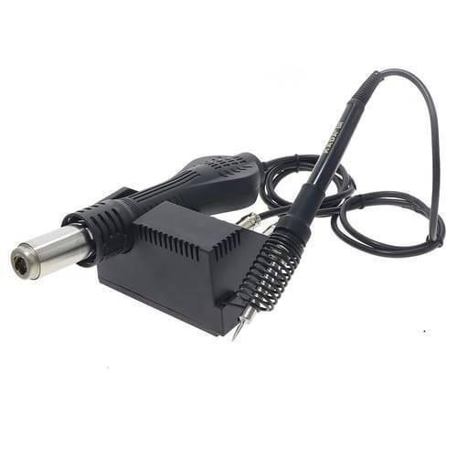 Kada Digital SMD Rework Station 8892D 2 In 1 Hot Air Gun And Soldering Iron Welding Station With Nozzle - a black hot air gun and soldering iron with a stand and cables on a white background.