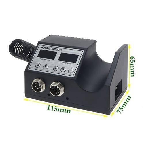 Kada Digital SMD Rework Station 8892D 2 In 1 Hot Air Gun And Soldering Iron Welding Station With Nozzle - a black dual-display unit with two front ports, a side coil holder, and yellow dimension lines indicating 115mm, 75mm, and 65mm.