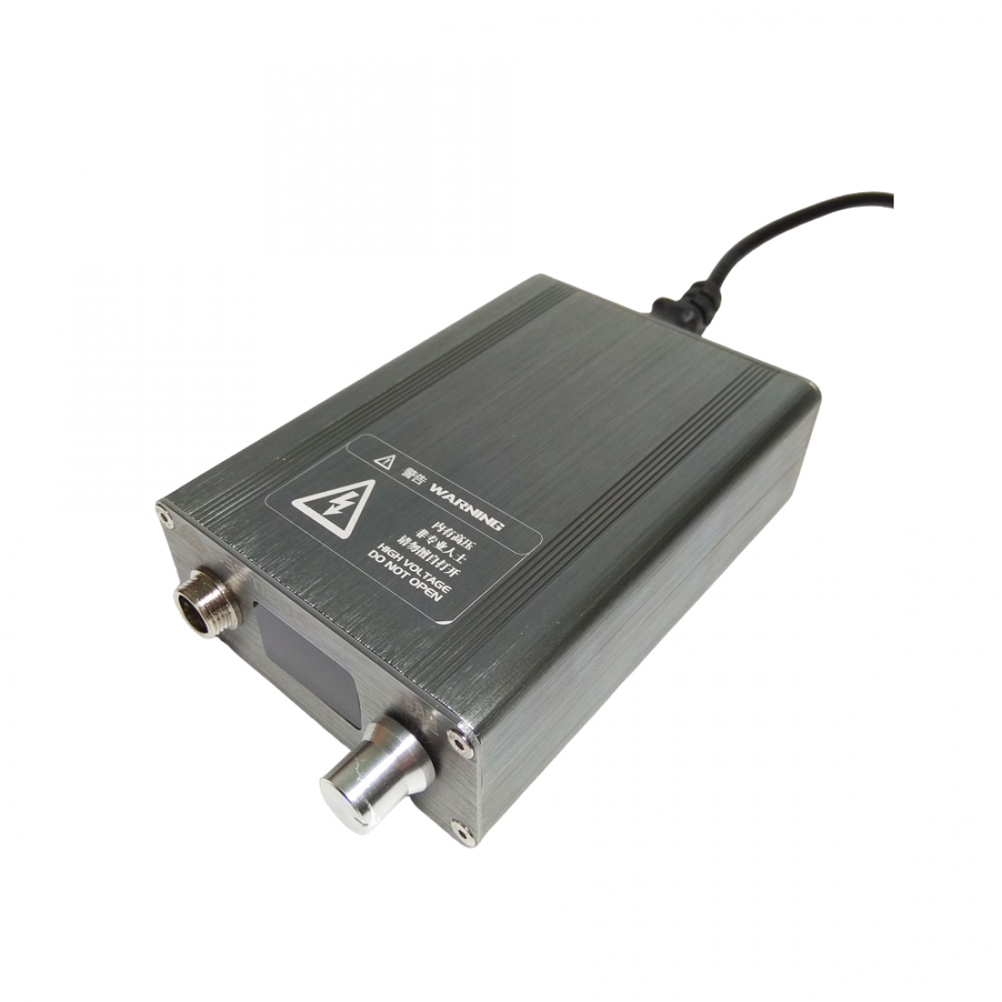 Kada T12-D+ Digital Soldering Iron Soldering Station With ESD Safe Port 72W - a grey rectangular unit with a front-facing silver knob, a circular connector, and a high voltage warning label.