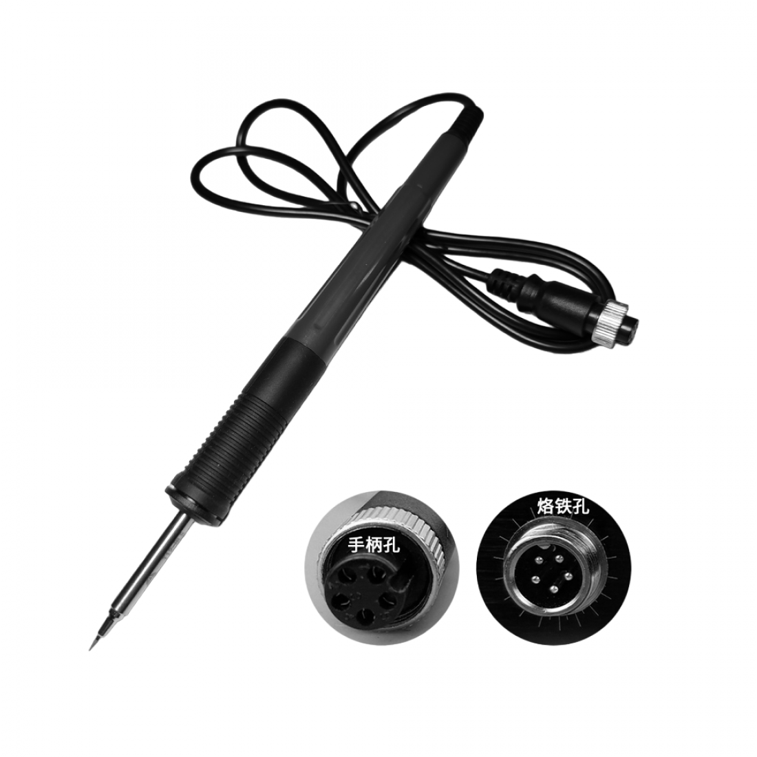 Kada T12-D+ Digital Soldering Iron Soldering Station With ESD Safe Port 72W - a black soldering iron with a cable and connector, plus two circular insets showing the connector and port.