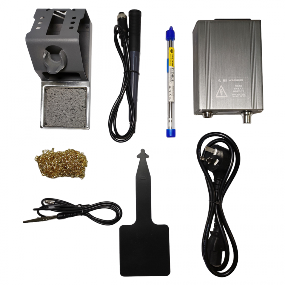 Kada T12-D+ Digital Soldering Iron Soldering Station With ESD Safe Port 72W - shown as a flat-lay of components including the control unit, iron handle, stand, tip, and power cables.