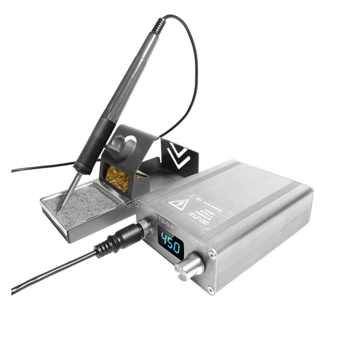 Kada T12-D+ Digital Soldering Iron Soldering Station With ESD Safe Port 72W - silver metal controller, a digital display showing 450, a rotary knob, a soldering iron, and a metal stand.