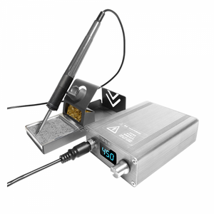 Kada T12-D+ Digital Soldering Iron Soldering Station With ESD Safe Port 72W - silver metal controller, a digital display showing 450, a rotary knob, a soldering iron, and a metal stand.