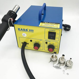 KADA850 Kada 850 Hot Air SMD Rework Soldering Station Kada 850 Hot Air Desoldering Station, BGA Rework Station SMD Welding Machine - a blue and yellow unit with a hot air gun, power switch, air and heater control knobs, and three detachable metal nozzles.