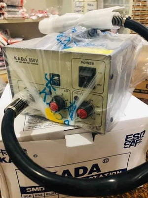 KADA850V Kada 850V Hot Air Gun SMD BGA Rework Station - a power switch, air and heat control knobs, and a black air hose, wrapped in plastic.