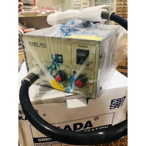 KADA850V Kada 850V Hot Air Gun SMD BGA Rework Station - a power switch, two control knobs, and a black air hose, sitting on its product box.