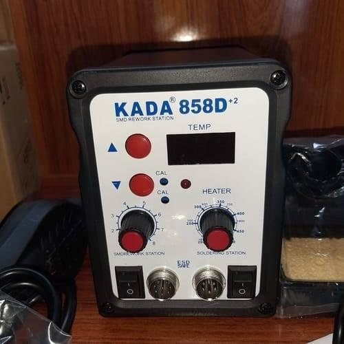 KADA858D+2 Kada 858D+2 Digital SMD Soldering Rework Station With Hot Air Gun And Soldering Iron - black rectangular housing, digital display, two control knobs, red buttons, and two circular ports on the front.