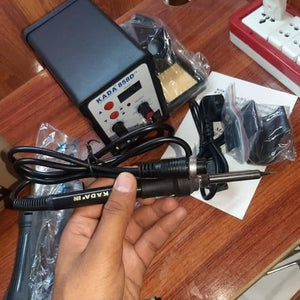 KADA858D+2 Kada 858D+2 Digital SMD Soldering Rework Station With Hot Air Gun And Soldering Iron - the main unit with a digital display, knobs, buttons, a handheld soldering iron, and various included accessories.