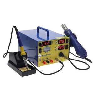 KADA903D Kada 903D Digital Hot Air Gun Soldering Iron SMD Rework Station 15V 2A With Regulated Power Supply 3 In 1 Multifunction Desoldering Station - blue metal housing, soldering iron on a stand, hot air gun, digital displays showing 15.2, 100, and 480, and knobs.