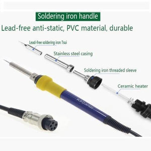 KADA903D Kada 903D Digital Hot Air Gun Soldering Iron SMD Rework Station 15V 2A With Regulated Power Supply 3 In 1 Multifunction Desoldering Station - shown in an exploded view, displaying its blue and yellow handle, ceramic heater, stainless steel casing, and connector.
