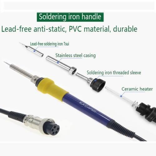 KADA903D Kada 903D Digital Hot Air Gun Soldering Iron SMD Rework Station 15V 2A With Regulated Power Supply 3 In 1 Multifunction Desoldering Station - shown in an exploded view, displaying its blue and yellow handle, ceramic heater, stainless steel casing, and connector.