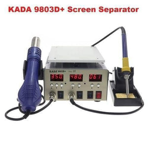 KADA9803D+ Kada 9803D+ Digital 3 In 1 Touch LCD Glass Screen Separator Hot Air Soldering Iron SMD Rework Station - with a blue hot air gun, a yellow soldering iron, and a central unit featuring three digital displays showing 350, 480, and 061.