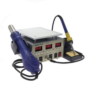 KADA9803D+ Kada 9803D+ Digital 3 In 1 Touch LCD Glass Screen Separator Hot Air Soldering Iron SMD Rework Station - with a blue hot air gun, soldering iron, and metal heating plate, featuring three digital displays showing 350, 480, and 066.