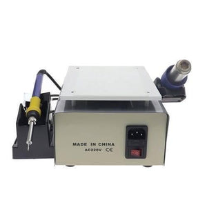 KADA9803D+ Kada 9803D+ Digital 3 In 1 Touch LCD Glass Screen Separator Hot Air Soldering Iron SMD Rework Station - the rear panel with a power switch, AC power input, and attached soldering iron and hot air gun on its sides.