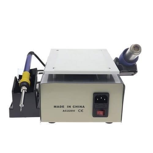 KADA9803D+ Kada 9803D+ Digital 3 In 1 Touch LCD Glass Screen Separator Hot Air Soldering Iron SMD Rework Station - the rear panel with a power switch, AC power input, and attached soldering iron and hot air gun on its sides.