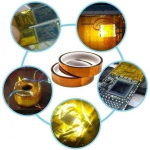 Kapton Tape 30mm Polyimide Film Heat Resistant Adhesive Tape - shown as two amber-coloured rolls surrounded by circular insets of the tape in use.