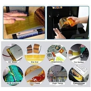 Kapton Tape 30mm Polyimide Film Heat Resistant Adhesive Tape - shown in application photos and various electronic repair and insulation use cases.