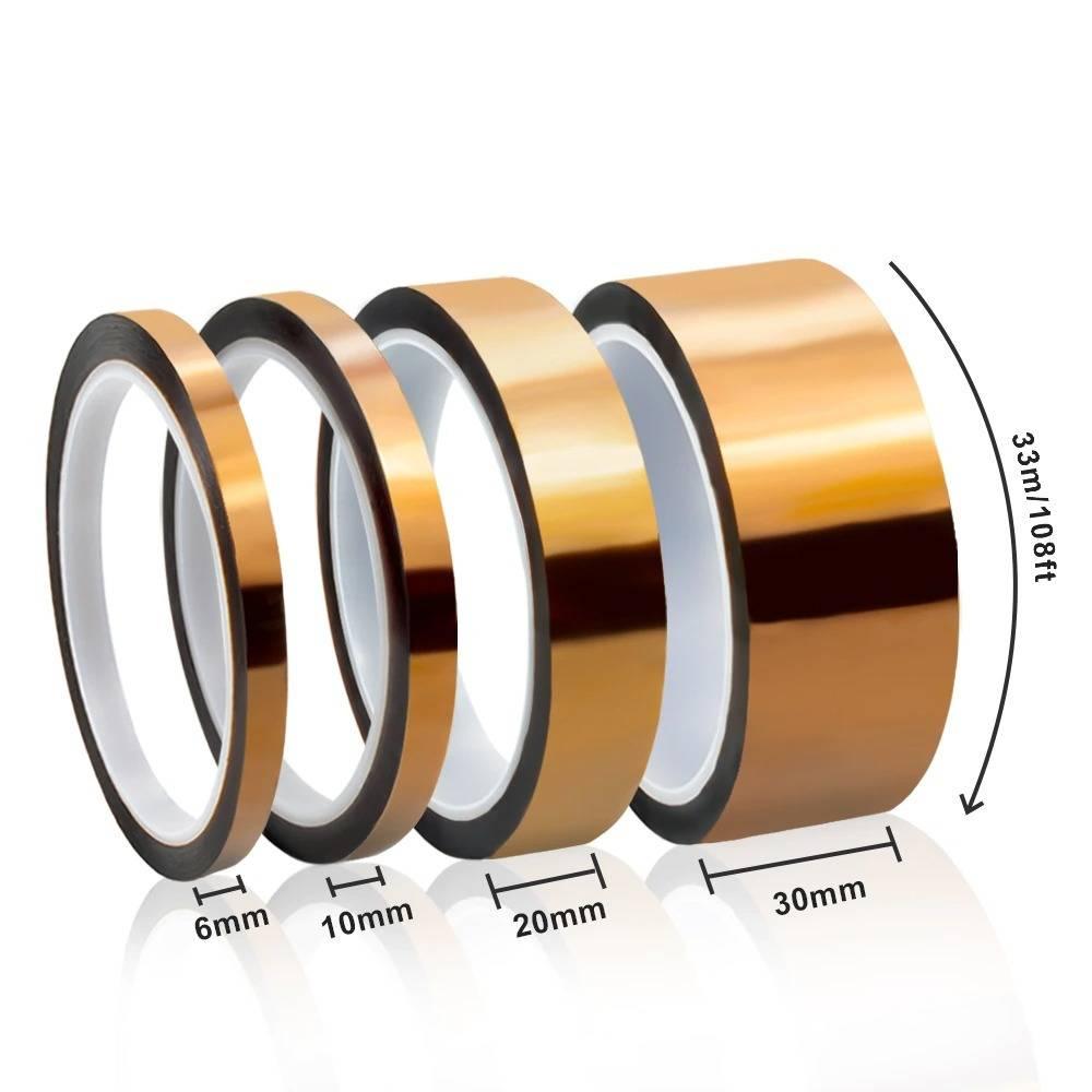 Kapton Tape 30mm Polyimide Film Heat Resistant Adhesive Tape - shown in four different widths with a dimension diagram indicating a length of 33m/108ft.