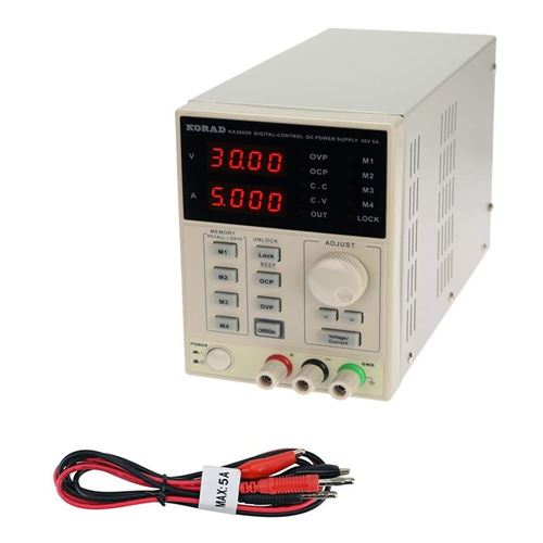 Katex 3005D DC Digital-control Power Supply 30V 5A Power Supply - with a digital display showing 30.00V and 5.000A, featuring front buttons, a knob, three terminals, and test leads.