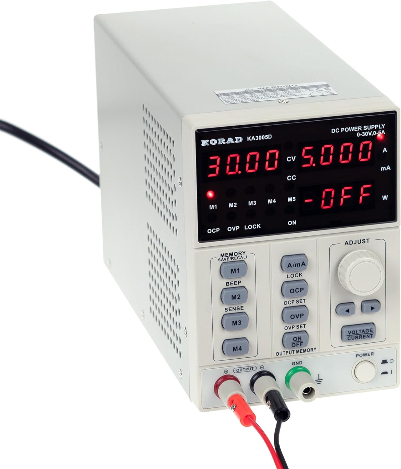 Katex 3005D DC Digital-control Power Supply 30V 5A Power Supply - Korad KA3005D DC power supply in a beige casing with a digital display showing 30.00V, 5.000A, and OFF, featuring front buttons, a knob, and ports.