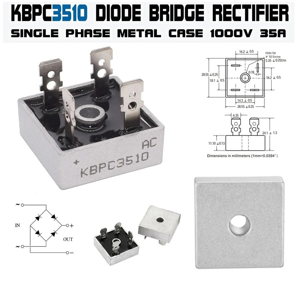 KBPC3510 Bridge Rectifier Diode - Single Phase, Metal Case, 1000V 35A - a metal-cased component with four terminals, a circuit diagram, and a technical dimension drawing.