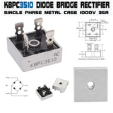 KBPC3510 Bridge Rectifier Diode - Single Phase, Metal Case, 1000V 35A - a metal-cased component with four terminals, a circuit diagram, and a technical dimension drawing.