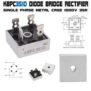 KBPC3510 Bridge Rectifier Diode - Single Phase, Metal Case, 1000V 35A - a metal-cased component with four terminals, a circuit diagram, and a technical dimension drawing.