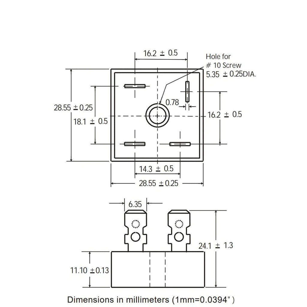 KBPC3510 Bridge Rectifier Diode - Single Phase, Metal Case, 1000V 35A - a technical dimension diagram showing the top view and side profile of the square component with four terminal pins.