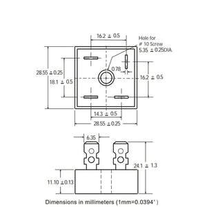 KBPC3510 Bridge Rectifier Diode - Single Phase, Metal Case, 1000V 35A - a technical dimension diagram showing the top view and side profile of the square component with four terminal pins.