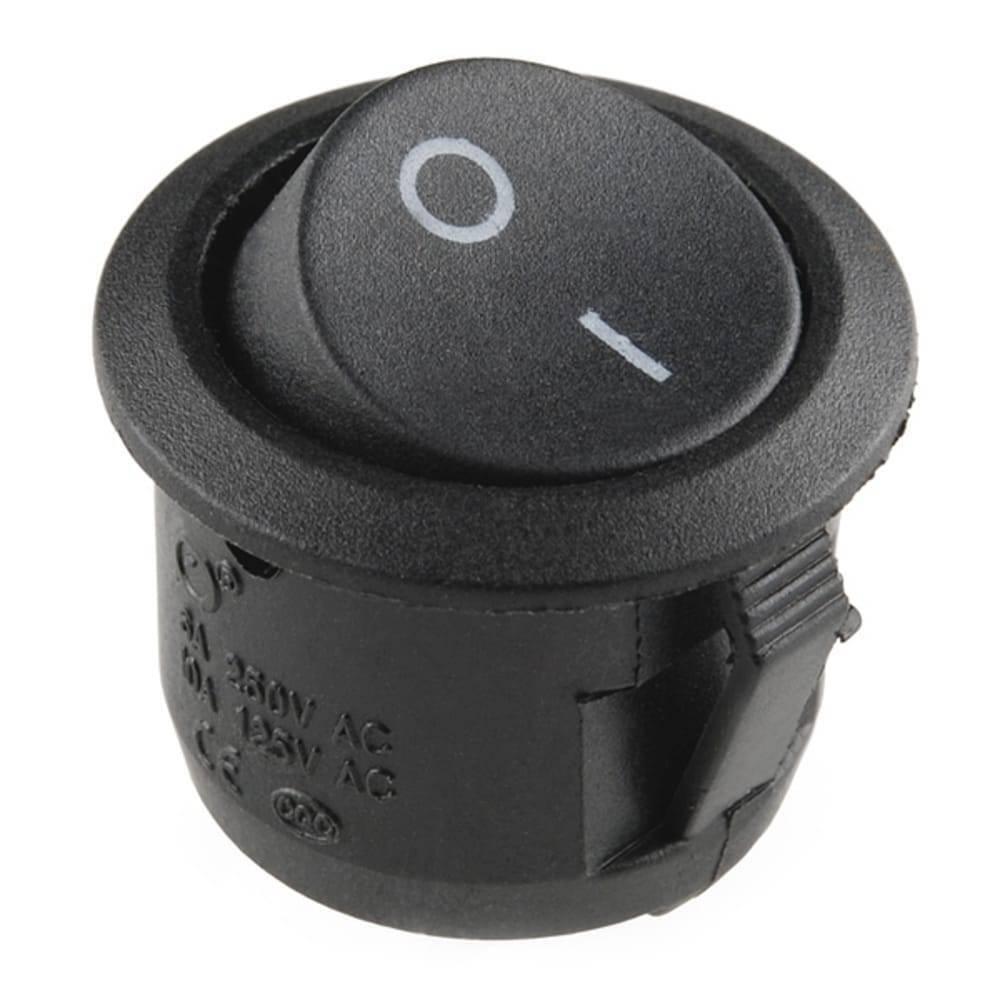 Kcd-107 Spst Round Rocker Switch Button - a black, circular rocker switch with an on-off symbol printed on the top surface.
