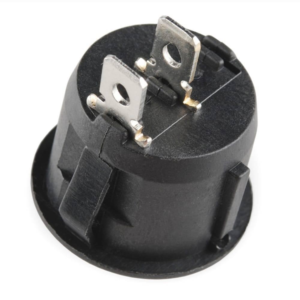 Kcd-107 Spst Round Rocker Switch Button - shown from the back to reveal its black circular housing and two metal spade terminals.