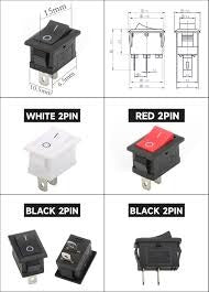 KCD1 Spst Rocker Switch Mini Boat Switch 10A 125V 6A 250V Press Button Rocker Switch - black, white, and red 2-pin mini boat switches along with a technical dimension diagram.