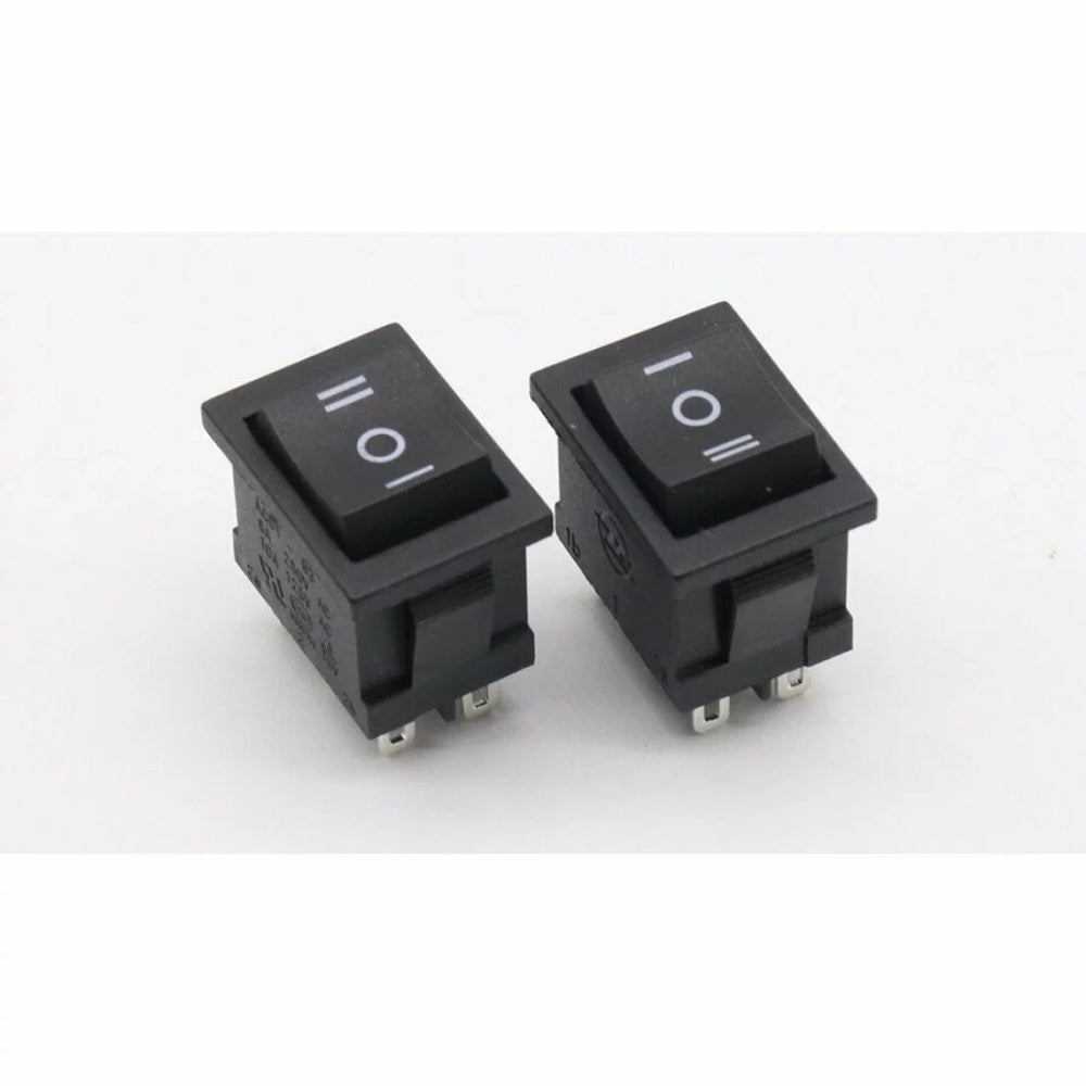 KCD2-203 6-terminal Rocker Switch On/off/on Dpdt – 6A/250VAC Boat Switch - two black rectangular three-position rocker switches with white markings for I, O, and II on the buttons.