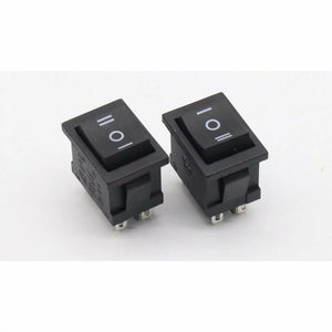 KCD2-203 6-terminal Rocker Switch On/off/on Dpdt – 6A/250VAC Boat Switch - two black rectangular three-position rocker switches with white markings for I, O, and II on the buttons.