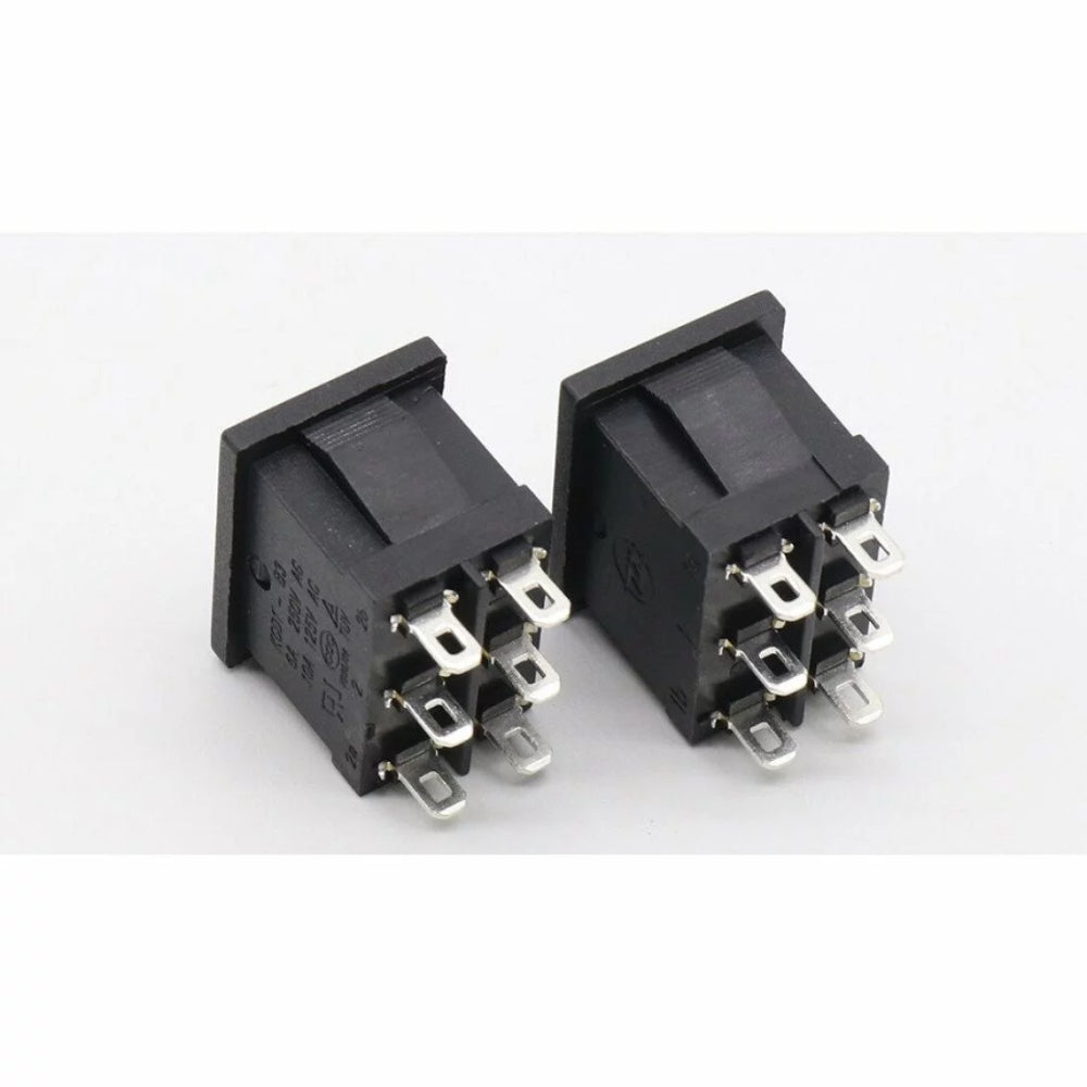 KCD2-203 6-terminal Rocker Switch On/off/on Dpdt – 6A/250VAC Boat Switch - two black, rectangular six-pin rocker switches angled to display their terminals and sides.