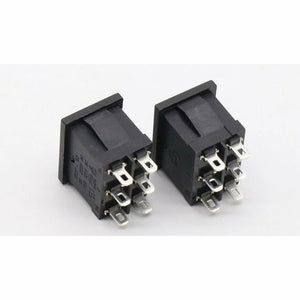 KCD2-203 6-terminal Rocker Switch On/off/on Dpdt – 6A/250VAC Boat Switch - two black, rectangular six-pin rocker switches angled to display their terminals and sides.